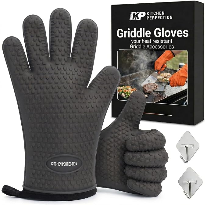 KITCHEN PERFECTION Silicone Griddle Grill Gloves Heat Resistant Oven Mitts | Waterproof, 5-Finger Design For A Better Grip, Best Griddle Grilling Accessories, Compatible with Blackstone, Weber & More