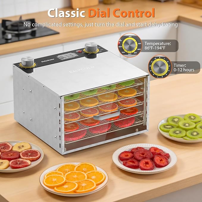 Food Dehydrator - 5 Stainless Steel Trays Dryer Machine with 194℉ Temperature Control & Adjustable Timer, 400W Meat Dehydrator for Jerky, Fruit, Veggies, Dog Treats, 50 Recipes Book Included