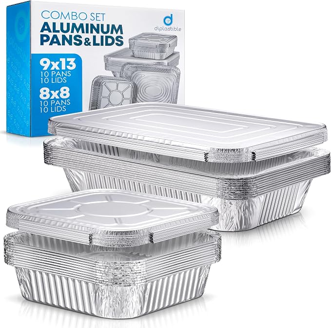 Disposable Aluminum Foil Pans with Lids, 20-Piece Combo Set, 9x13 & 8x8