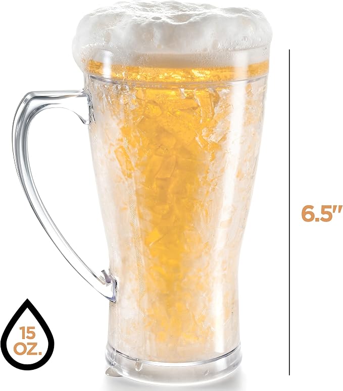 luxail Beer Mugs For Freezer, Double Wall Insulated Plastic Beer Glasses – Freezer Mugs, 15 oz – Perfect Frozen Beer Mugs for Home Bar Accessories, Gifts for Men, 2 Pack