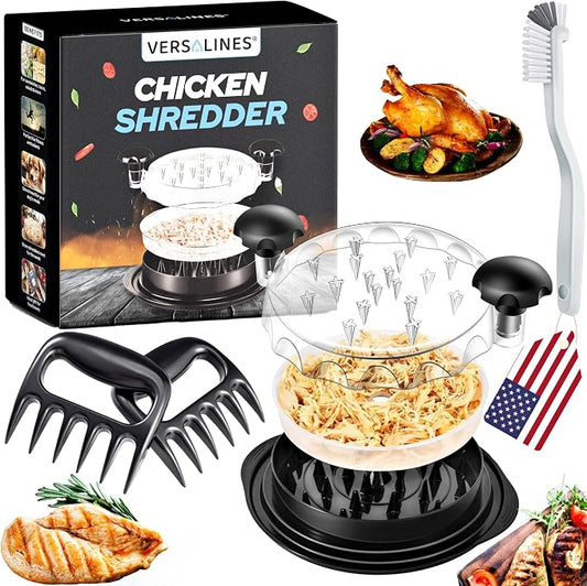3 Layer Pro Chicken Shredder with Removable Tray, Meat Claws, Brush - 10'' Chicken Breast Shredder Tool Twist, Meat Grinder Machine, Meat Shredder, Anti-Slip - For Chicken Beef Pork Veg