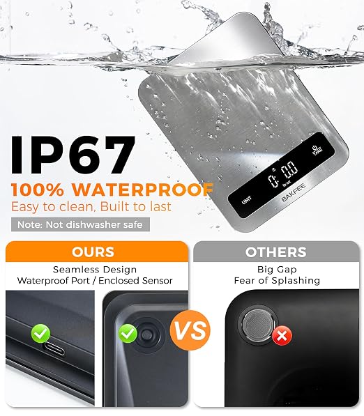 Waterproof Kitchen Food Scale, 1g/22lb, IP67, Rechargeable, Black | Premium Stainless Steel & Tempered Glass, Clear LED Display, with 6 Units, Tare, Ideal for Cooking, Making Sourdough Bread