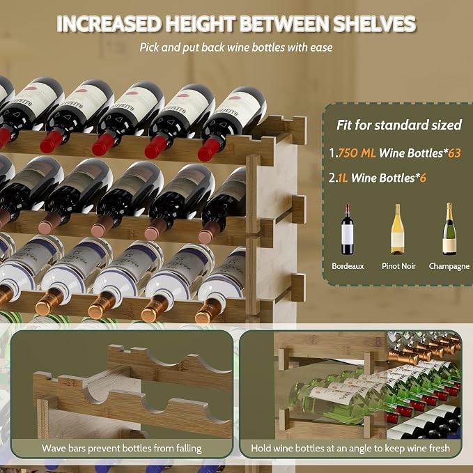Bamboo Large Wine Rack, 8-Tier Freestanding Floor Bottle Storage Holder | 69-Bottle Storage | Wooden Wine Storage Organizer Shelves for Kitchen Bar, Cellar, & Dining Room | Walnut | Anti-Tip Kit