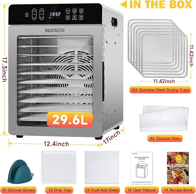 SUCISENI Food Dehydrator for Jerky, 10 Stainless Steel Trays 9ft² Dehydrator Machine, 1000W Dehydrator with 24H Timer 195℉ Temperature Control for Meat, Fruits, Veggies, Dog Treats