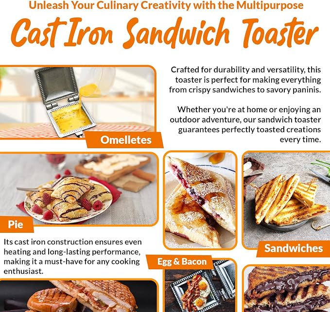 Palmer C Pie Iron for Camping, Cast Iron Sandwich Maker with Long Handle, Make Tasty Toasted Sandwiches, Mountain Pie Maker Cast Iron, Campfire Pie Irons for Camping, Premium Campfire Sandwich Maker