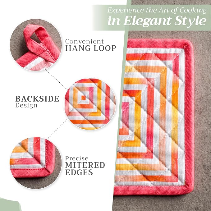 Maison d' Hermine 100% Cotton Oven Mitt & Pot Holder Set (7.5"x13" & 8"x8") | Heat Resistant BBQ Cooking Gloves with Loop Baking Grilling Kitchen Hotel Home Farmhouse Spring Summer - Summer Maze