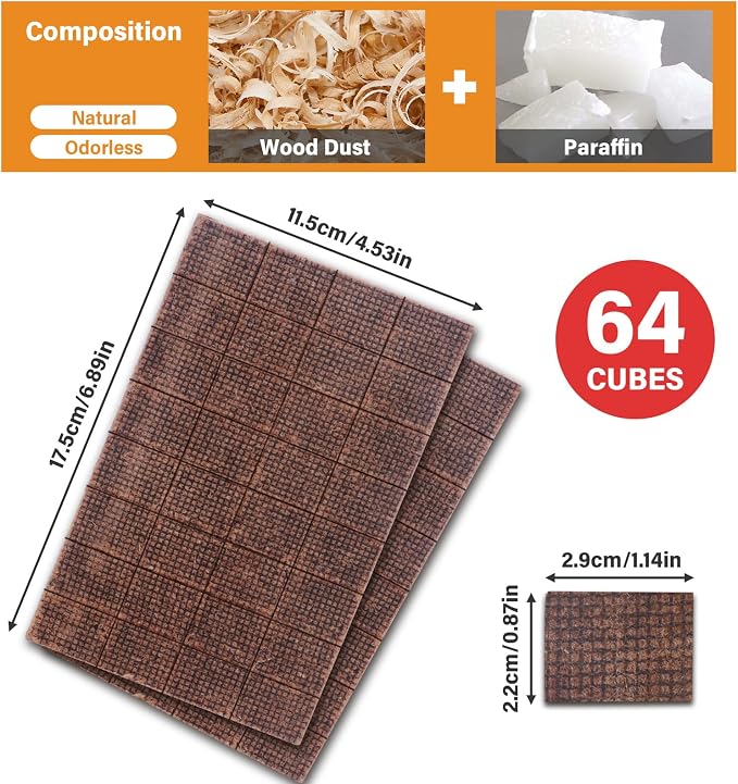 HGD Fire Starter, 64 Mini Square, Natural Fire Starters for BBQ, Campfire, Fireplace, Charcoal, Wood Stove, Chimney, Fire Pit, Grill, Smoker, Indoor Outdoor Use