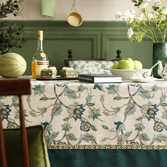 patdrea Designer Green Linen Long Table Cloth for Rectangle Table,Vintage Floral Pattern Durable Tablecloth,French Cover Decor for Kitchen Dining,Christmas,Thanksgiving,Tea Party,63"x102"-Noah