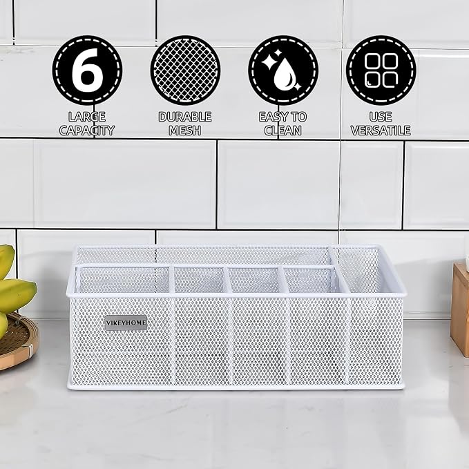 VIKEYHOME Paper Plate Organizer, Metal Silverware Caddy, White | 6 Compartments Utensil Holder for Plate, Knives, Spoon, Cup, Fork, Napkin, Caddy for Party, Camping, Picnic