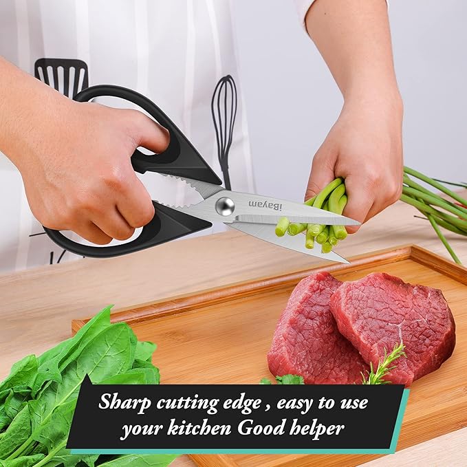 Kitchen Shears, iBayam Kitchen Scissors All Purpose Heavy Duty Meat Poultry Shears, Dishwasher Safe Food Cooking Stainless Steel Utility Scissors, Home Apartment Essentials, 2-Pack, Black, Aqua Sky