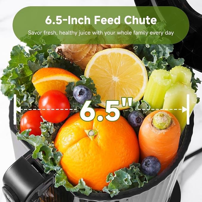AMZCHEF Cold Press Juicer, 6.5" Whole Fruit Self-Feeding Slow Juicer | 3-in-1 Juicer Machine for Juice, Nut Milk & Sorbet, 90oz Large Capacity, Easy to Clean Design, Triple Strainers, Large Auger