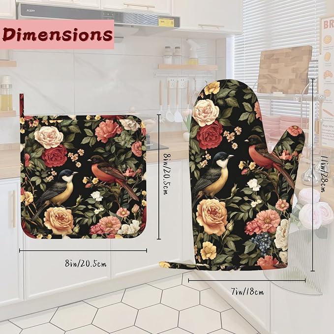 Vintage Rose Peony Floral Oven Mitts and Pot Holders (4PCS),Bird Heat Resistant Non-Slip Silicone Kitchen Gloves for Cooking, Baking, BBQ Waterproof Kitchen Accessories