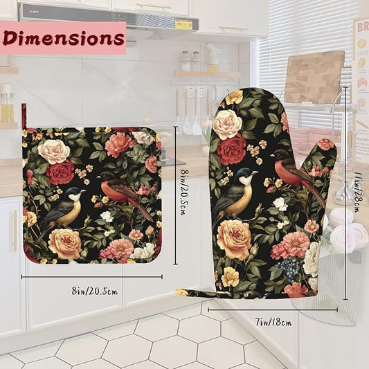 Vintage Rose Peony Floral Oven Mitts and Pot Holders (4PCS),Bird Heat Resistant Non-Slip Silicone Kitchen Gloves for Cooking, Baking, BBQ Waterproof Kitchen Accessories