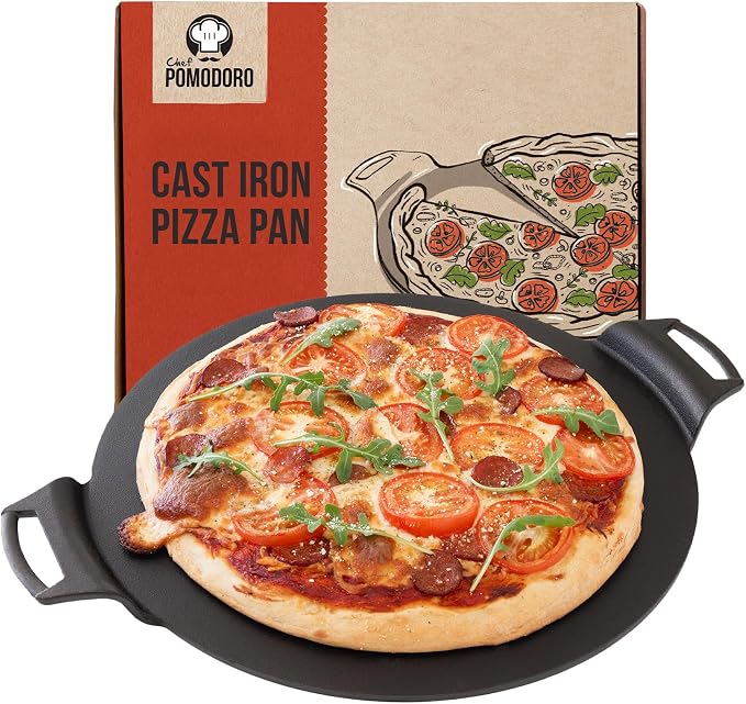 Chef Pomodoro Cast Iron Pizza Pan, Pre-Seasoned Dosa Pan with Handles, Flat Pan for Oven, Round Griddle for Dosa Tawa Roti, Comal for Tortillas, Baking Stove, Oven, Grill BBQ and Campfire (15-inch) | Round Griddle for Dosa, Tawa, Roti, Comal; Oven, Gri...