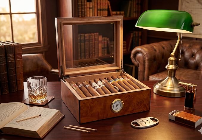 Cigar Humidor Case, Holds 25-50 Cigars, Tempered Glass Top Display, Handcrafted Spanish Cedar Wood Desktop Cigar Box with Divider, Humidifier, Hygrometer, Burlwood Blond,
