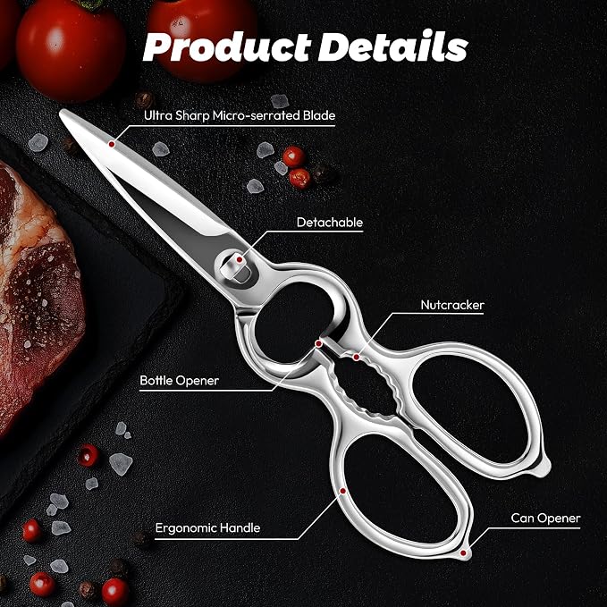 Detachable Mirror-Finish Kitchen Shears All-Steel Forged Kitchen Scissors | Upgraded Version, Heavy Duty All Stainless Steel, Ultra Sharp Micro Serrated Blade, Chef Scissors For Food Poultry Meat Pizza