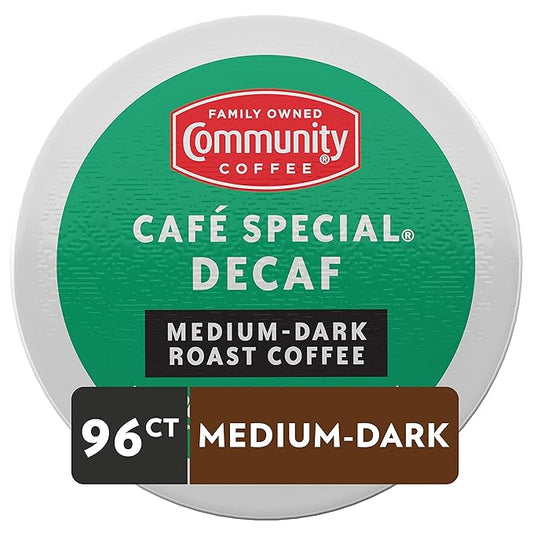 Community Coffee Cafe Special Decaf 96 Count Coffee Pods, Medium Dark Roast, Compatible with Keurig 2.0 K-cup Brewers, 24 Count (Pack of 4)
