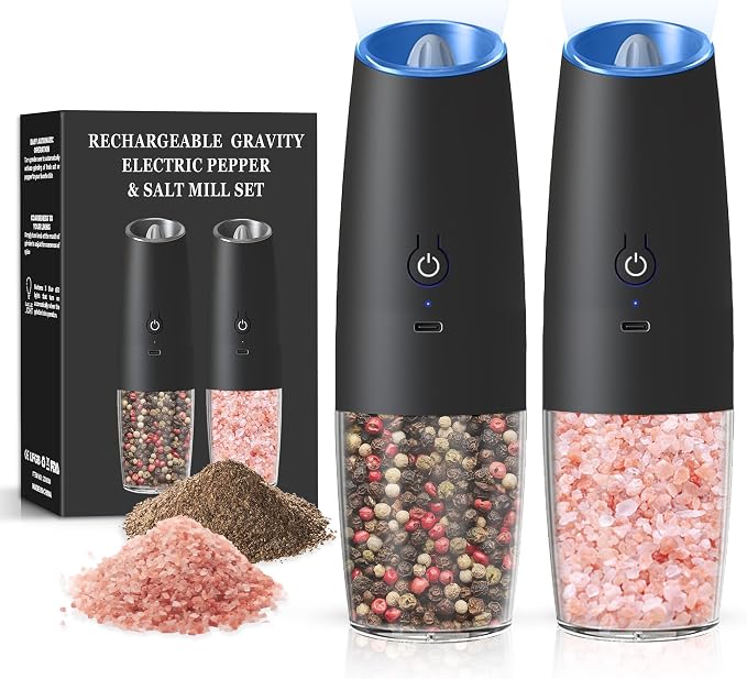 Rechargeable Salt And Pepper Grinder Set with LED Light, Automatic Electric Gravity Salt And Pepper Shakers Set, No Battery Needed, Adjustable Roughness, 2 Pack (Black)