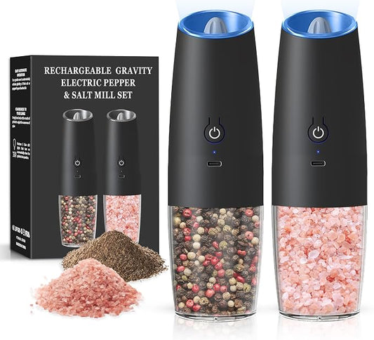 Rechargeable Salt And Pepper Grinder Set with LED Light, Automatic Electric Gravity Salt And Pepper Shakers Set, No Battery Needed, Adjustable Roughness, 2 Pack (Black)