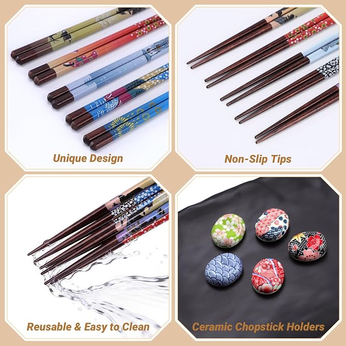 Antner 5 Pairs Reusable Wooden Chopsticks & Ceramic Rests Set, 8.8 Inch/22.5cm Classic Japanese Style Chop Sticks with Chopstick Holders for Ramen Sushi Asian Cuisine Lovers, Black Gift Box