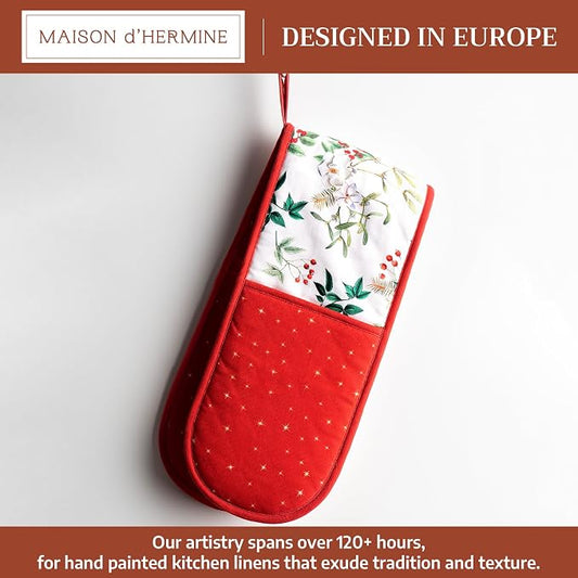 Maison d' Hermine Double Oven Mitts 100% Cotton Double Oven Glove (7"x35") | Heat Resistant BBQ Cooking Gloves with Loop Baking Kitchen Home Hotel Farmhouse Thanksgiving Christmas - Noel