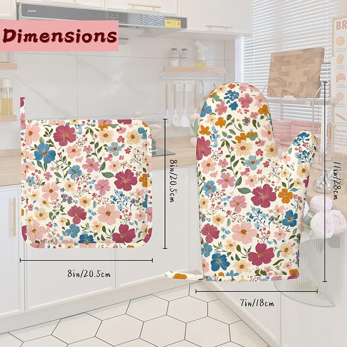 Wildflowers Floral Meadow Oven Mitts and Pot Holders (4PCS),Heat Resistant Non-Slip Silicone Kitchen Gloves for Cooking, Baking, BBQ Waterproof Kitchen Accessories