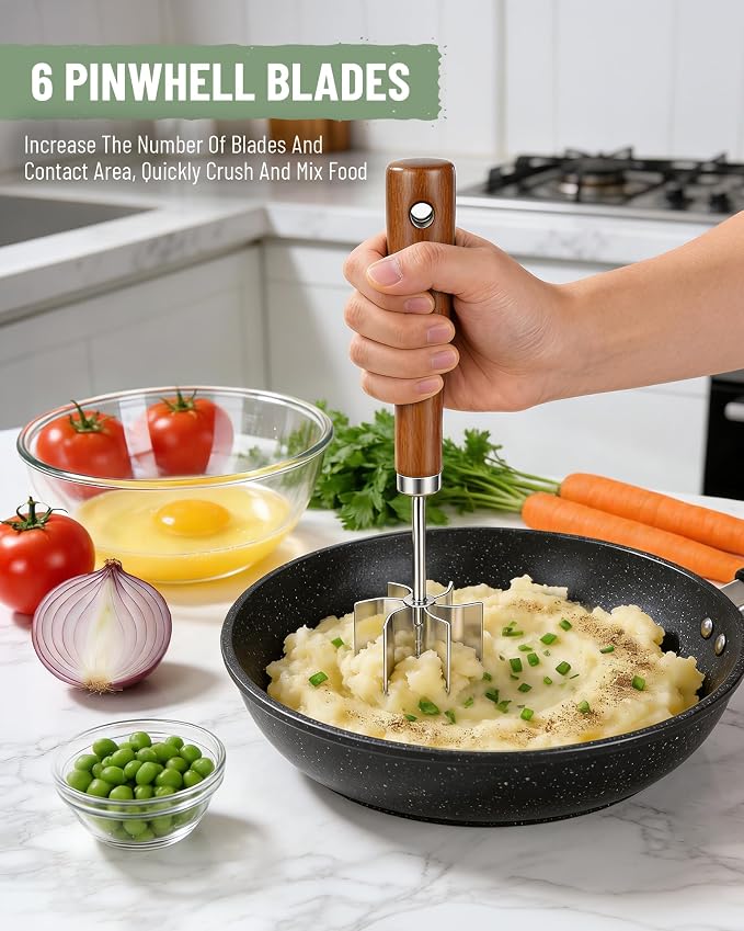 Stainless Steel Meat Masher: Ground Beef Chopper Hamburger Smasher Tool | Heat Resistant Up To 1500℉,6 Curve Blades,Hangable Wooden Handle,Efficient Chop and Stir Kitchen Gadgets