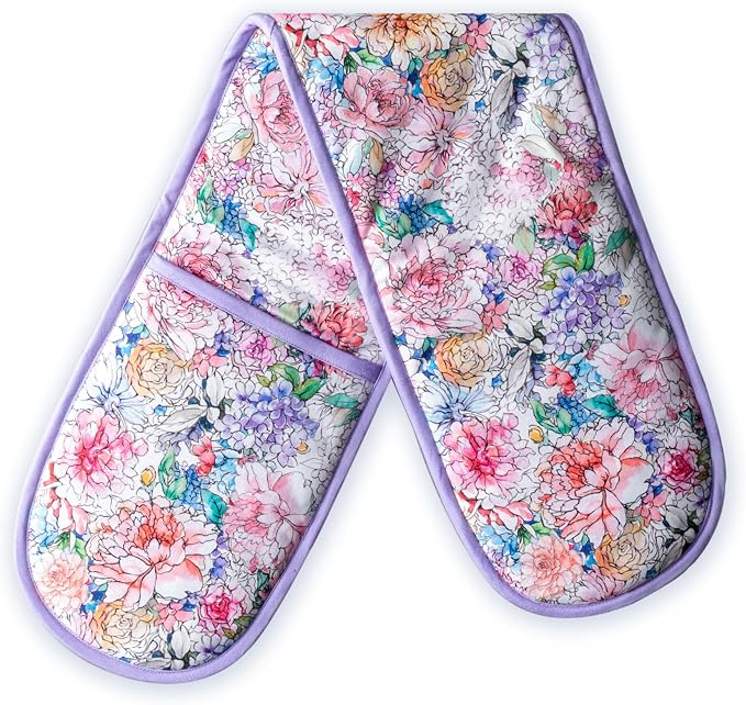 Maison d' Hermine Double Oven Mitts 100% Cotton Double Oven Glove (7"x35") | Heat Resistant BBQ Cooking Gloves with Loop Baking Grilling Kitchen Hotel Home Farmhouse Spring Summer - Floral Love