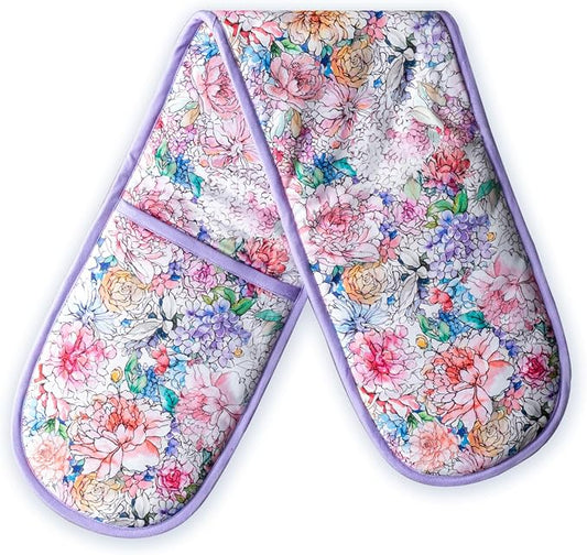 Maison d' Hermine Double Oven Mitts 100% Cotton Double Oven Glove (7"x35") | Heat Resistant BBQ Cooking Gloves with Loop Baking Grilling Kitchen Hotel Home Farmhouse Spring Summer - Floral Love