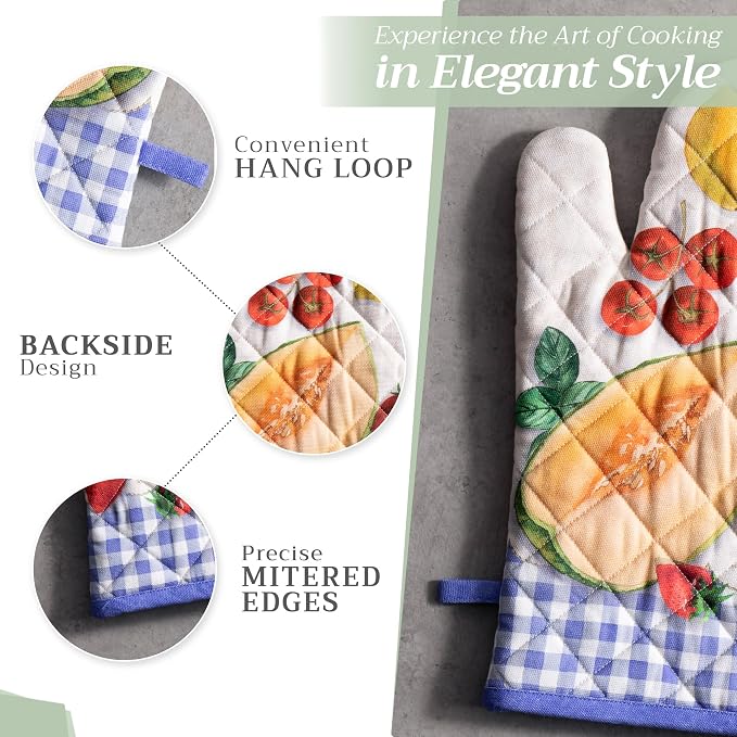 Maison d' Hermine 100% Cotton Oven Mitt & Pot Holder Set (7.5"x13" & 8"x8") | Heat Resistant BBQ Cooking Gloves with Loop Baking Grilling Kitchen Hotel Home Farmhouse Spring Summer - Gourmand