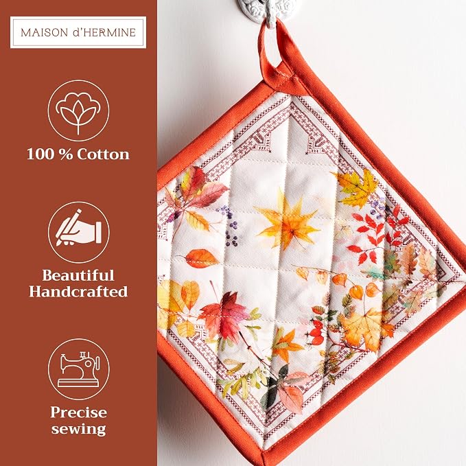 Maison d' Hermine Pot Holders 100% Cotton Potholders (8" x 8", Pack of 2) | Heat Resistant Hot Pads with Loop BBQ Cooking Baking Hotel Kitchen Handling Hot Pans Thanksgiving Christmas - Amarante