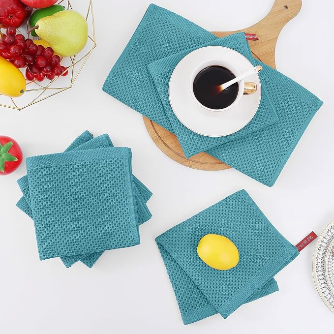 Homaxy 100% Cotton Waffle Weave Kitchen Dish Cloths, 7-Pack, Lake Blue | 12 x 12 Inches, Ultra Soft Absorbent Dish Towels, Quick Drying Dish Rags with Hanging Loop