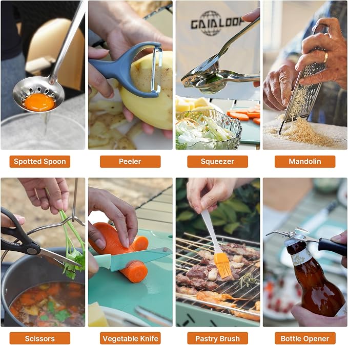 Gaialoop Portable Camping Cooking Utensils Set, Camp Kitchen Set with Organizer Bag, RV Essentials Outdoor Cooking Utensil Kit for Travel, Picnics, Camping, BBQs, Parties