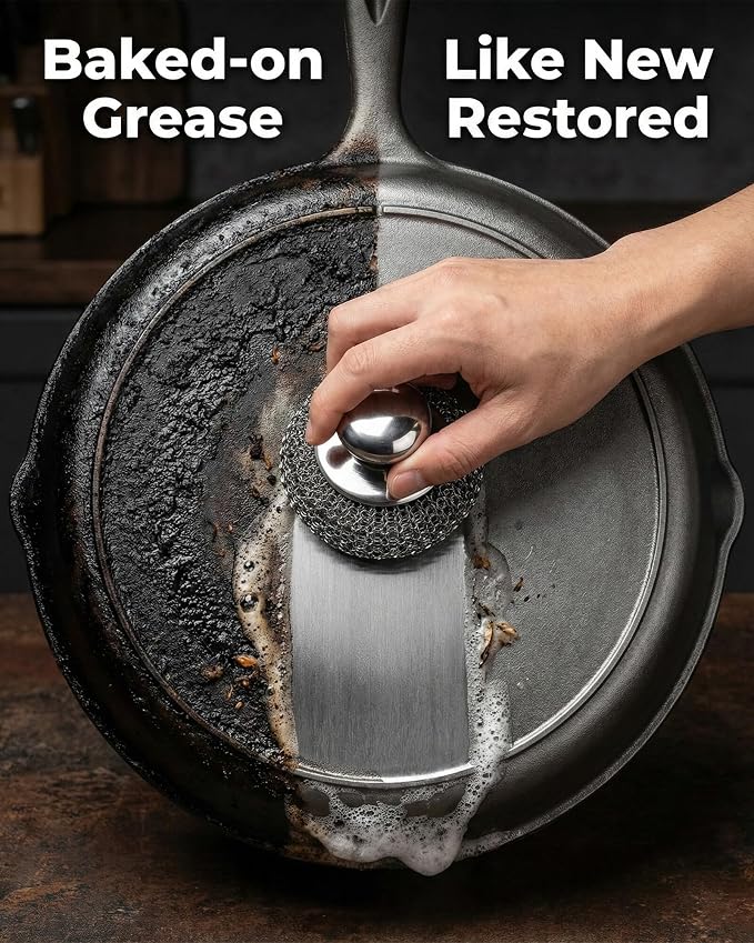 6 Pack Stainless Steel Wool Scrubber Set- Heavy Duty Metal Sponge Scouring Pad for Cast Iron Skillet, Grill & Pots -Include Short & Long Handle & Brush & 3 Pads,Kitchen Dish Scrubber