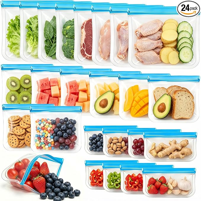 24 Pack Silicone Bags for Food Storage,Reusable Silicone Food Storage Bags,Freezer, Microwave & Dishwasher Safe,Reusable Freezer Food Bags, Leakproof-8 Gallon 8 Snack 8 Sandwich Bags,Blue