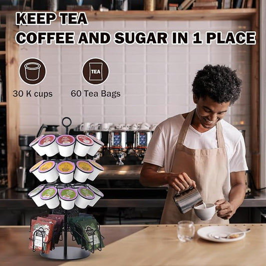 Coffee Pod Holder for Keurig & Tea Bag Organizer, K-Cup Holder Compatible with 36 K-Cups Pods, 60 Tea Bags, Spins 360-Degrees Carousel Stand, Coffee Pod Tea Bag Storage Stand Organizer for Countertop