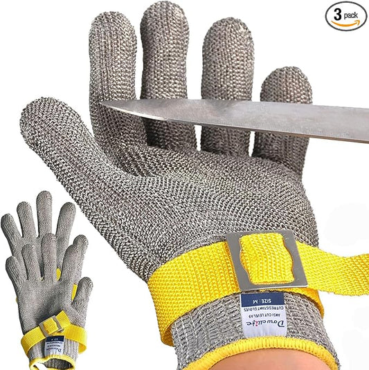 Dowellife Comfortable ANSI A9 Cut Resistant Glove Food Grade, Mesh Metal Kithcen Glove for Chef Oyster Shucking Mandoline Knife Butcher Meat Cutting(Large-3 Pcs)
