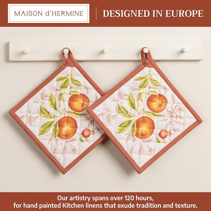 Maison d' Hermine Pot Holders 100% Cotton Potholders (8" x 8", Pack of 2) | Heat Resistant Hot Pads with Loop BBQ Cooking Baking Hotel Kitchen Handling Hot Pans Thanksgiving Christmas - Vintage Harvest