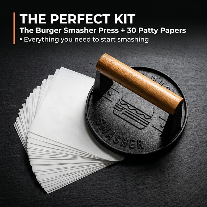The Burger Smasher™ Pre-Seasoned Heavy Duty Cast Iron Smash Burger Press Kit - Heat Resistant Burger Smasher for Griddle, Food, Chef, Meat & Cooking Press, Hamburger Smasher - 30 Patty Paper