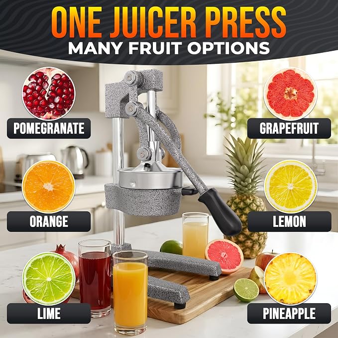 Cast Iron Juicer Hand Press, Heavy-Duty Squeezer, 304 Stainless Steel Bowl – One Pull Extracts Full Juice – Manual Citrus Press Juicer & Orange Squeezer for Lemon, Lime & Lemonade at Home Bar (Silver)
