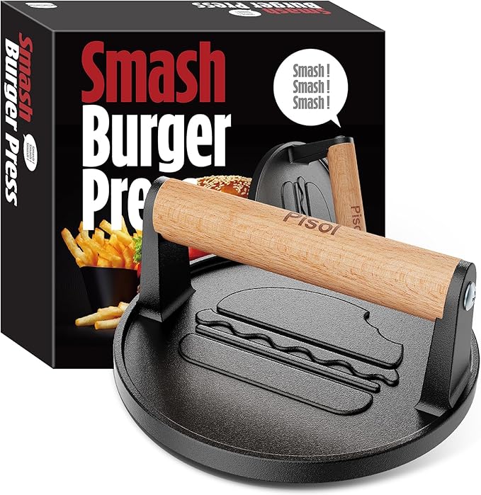 Pisol Pre-Seasoned Cast Iron Smash Burger Press, 2 lb Meat Press Tool 6.6” | Rustproof, Pre-Seasoned, Flat Bottom, Round, Wooden Handle, Dishwasher Safe, No Stick, Easy to Clean, 6.6'' Wide, 2lb