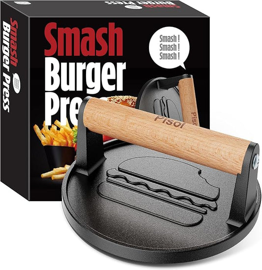 Pisol Pre-Seasoned Cast Iron Smash Burger Press, 2 lb Meat Press Tool 6.6” | Rustproof, Pre-Seasoned, Flat Bottom, Round, Wooden Handle, Dishwasher Safe, No Stick, Easy to Clean, 6.6'' Wide, 2lb