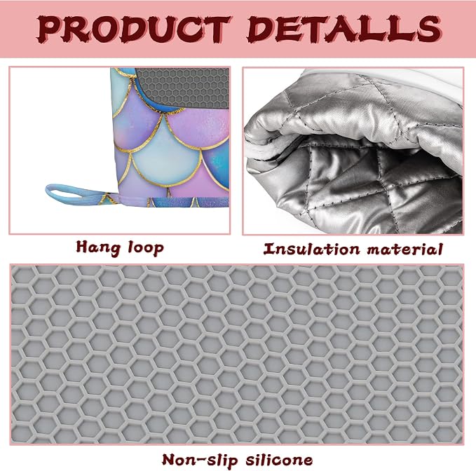 Pink Mermaid Scales Heat-Resistant Silicone Oven Mitts and Pot Holders,Long Oven Gloves with Non-Slip Grip for Cooking, Baking, Grilling,BBQ