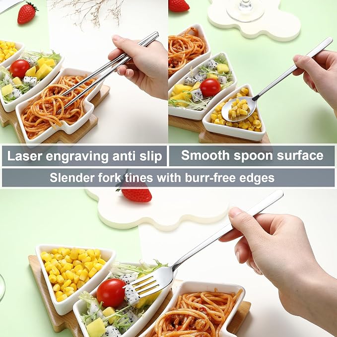 DEVICO Utensils for Lunch Box, Portabl Korean Chopsticks Fork and Spoon Set | 4Pcs 18/8 Stainless Steel Travel Silverware Set with Case, for Camping/School, for Kids/Adults, Dishwasher Safe, Beige-Red