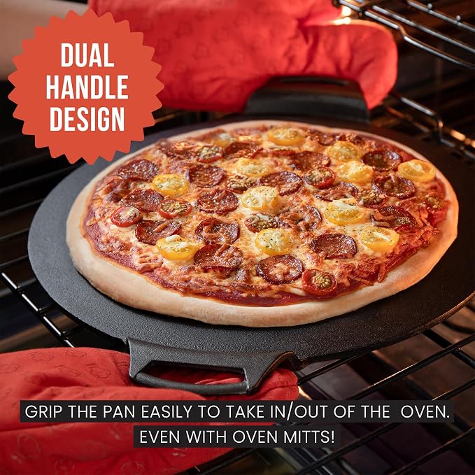Chef Pomodoro Cast Iron Pizza Pan, Pre-Seasoned Dosa Pan with Handles, Flat Pan for Oven, Round Griddle for Dosa Tawa Roti, Comal for Tortillas, Baking Stove, Oven, Grill BBQ and Campfire (15-inch) | Round Griddle for Dosa, Tawa, Roti, Comal; Oven, Gri...