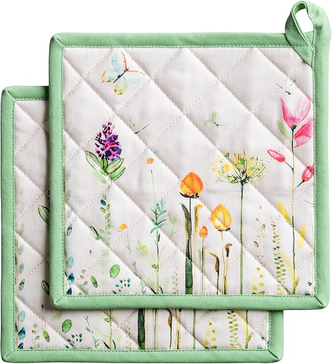 Maison d' Hermine Pot Holders 100% Cotton Potholders (8" x 8", Pack of 2) | Heat Resistant Hot Pads with Loop BBQ Cooking Baking Farmhouse Kitchen Handling Hot Pans Spring Summer - Botanical Fresh