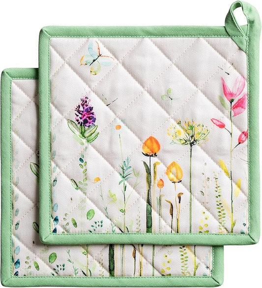 Maison d' Hermine Pot Holders 100% Cotton Potholders (8" x 8", Pack of 2) | Heat Resistant Hot Pads with Loop BBQ Cooking Baking Farmhouse Kitchen Handling Hot Pans Spring Summer - Botanical Fresh