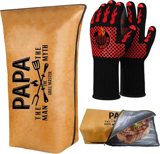 Papa Gifts, Gifts for Papa from Grandkids Fathers Day BBQ Blanket with Grill Gloves, Meat Resting Bag for BBQ Smoking, Grilling Gloves Heat Resistant for Outdoor Grill Party on Birthday