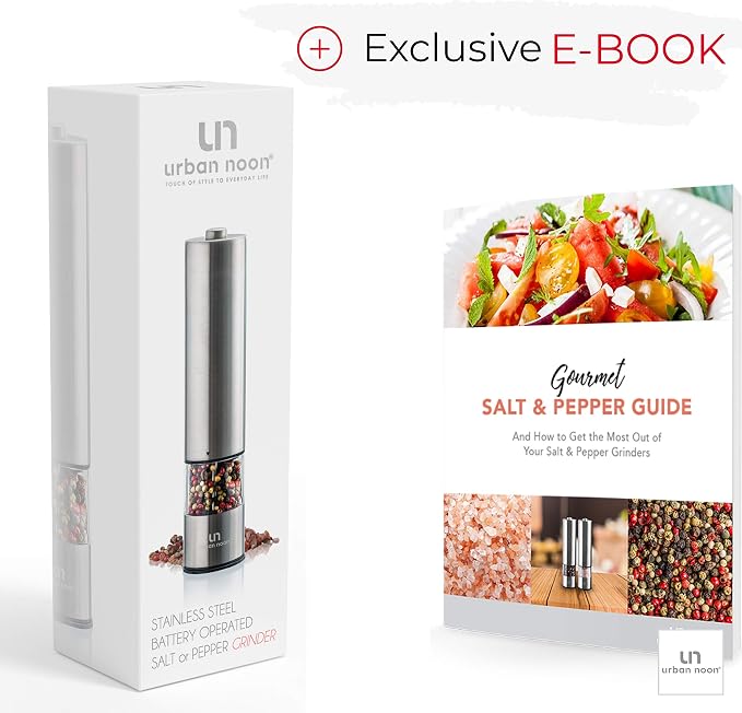 Urban Noon Electric Salt or Pepper Grinder (1 Mill, 8.1" Tall) - One-Handed Push-Button Mills with LED Light, Adjustable Ceramic Coarseness, Gift-Ready Box, 1-Year Warranty - Stainless Steel