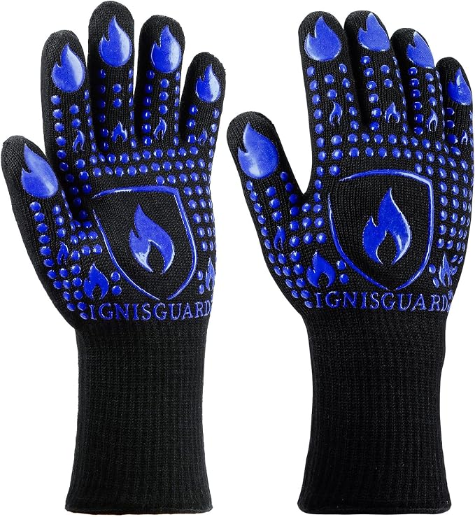 BBQ & Grill Gloves, Oven Gloves, 1472°F Silicone Oven Mitts Heat Resistant Grilling Gloves Fireproof Non-Slip for Barbecue Cooking Baking Smoking, 1-Pair (Blue, Large)